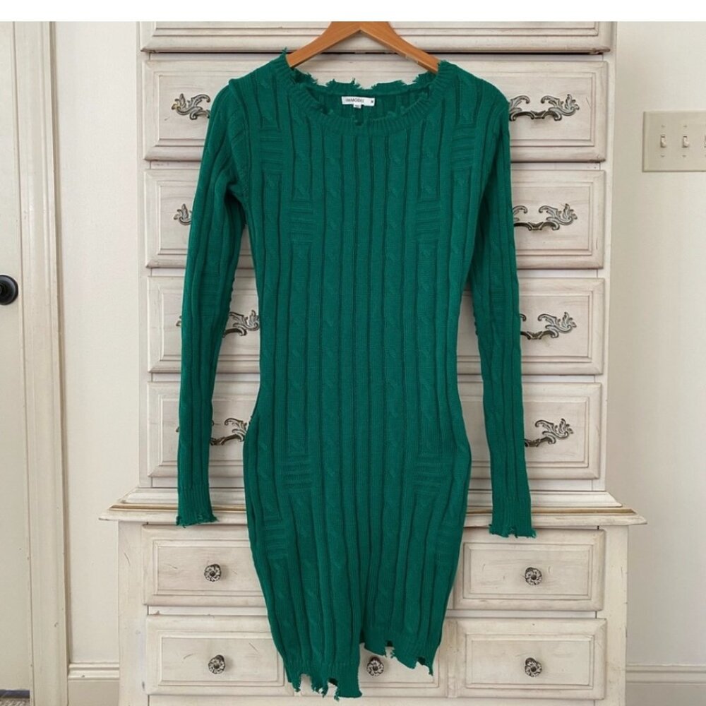 Immodel Vici Cable Knit Sweater Dress Womens Medium Green Distressed